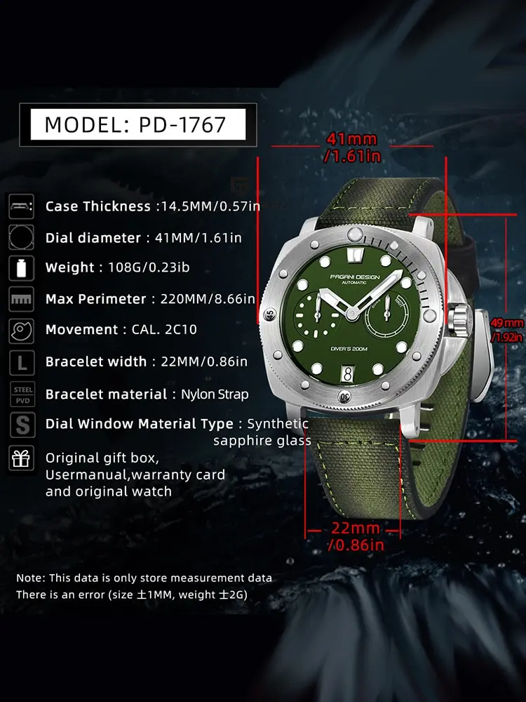 PAGANI DESIGN 1767 NEW Mens Sports Automatic Mechanical Watches Sapphire Stainless Steel 20Bar Diving Clock Montre Homme