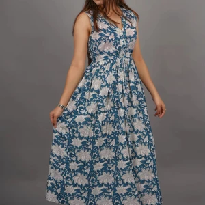 Autumn/Winter Solid Pattern Hand Block Printed Maxi Dress Floral Print Long Maxi Gown Party Wear Dress For Women