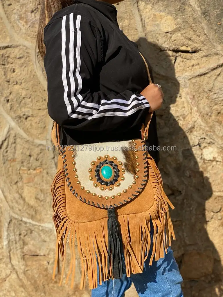 Source New Western Style Hair On Hide Fur Suede Leather Fringe Bag High  Quality Boho Women Leather Shoulder Bag With Turquoise Stone on  m.