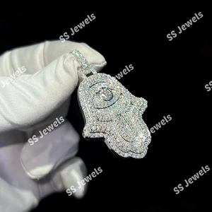 Unisex Ice Moissanite Brilliant Cut Hamsa Hand Claw Setting Trendy Pendant Charm Necklace 925 Silver Rhodium Plated Christian