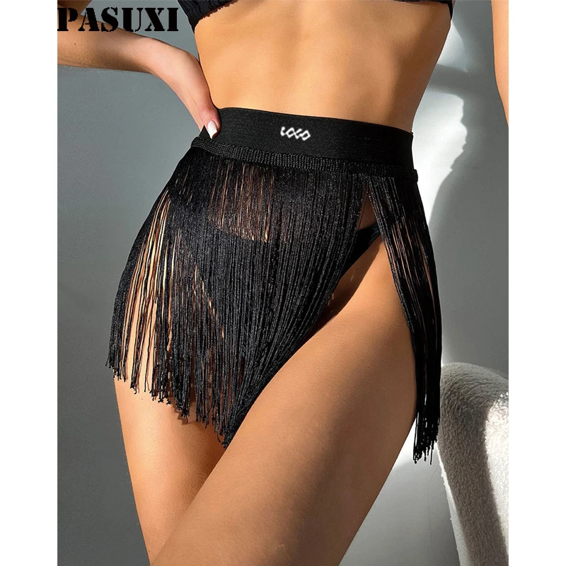 PASUXI 2023 New Trend Solid Fringed Skirt Beach Wear Crochet Beach Short Dress Resort Bikini Cover Swim Bottom Skirt