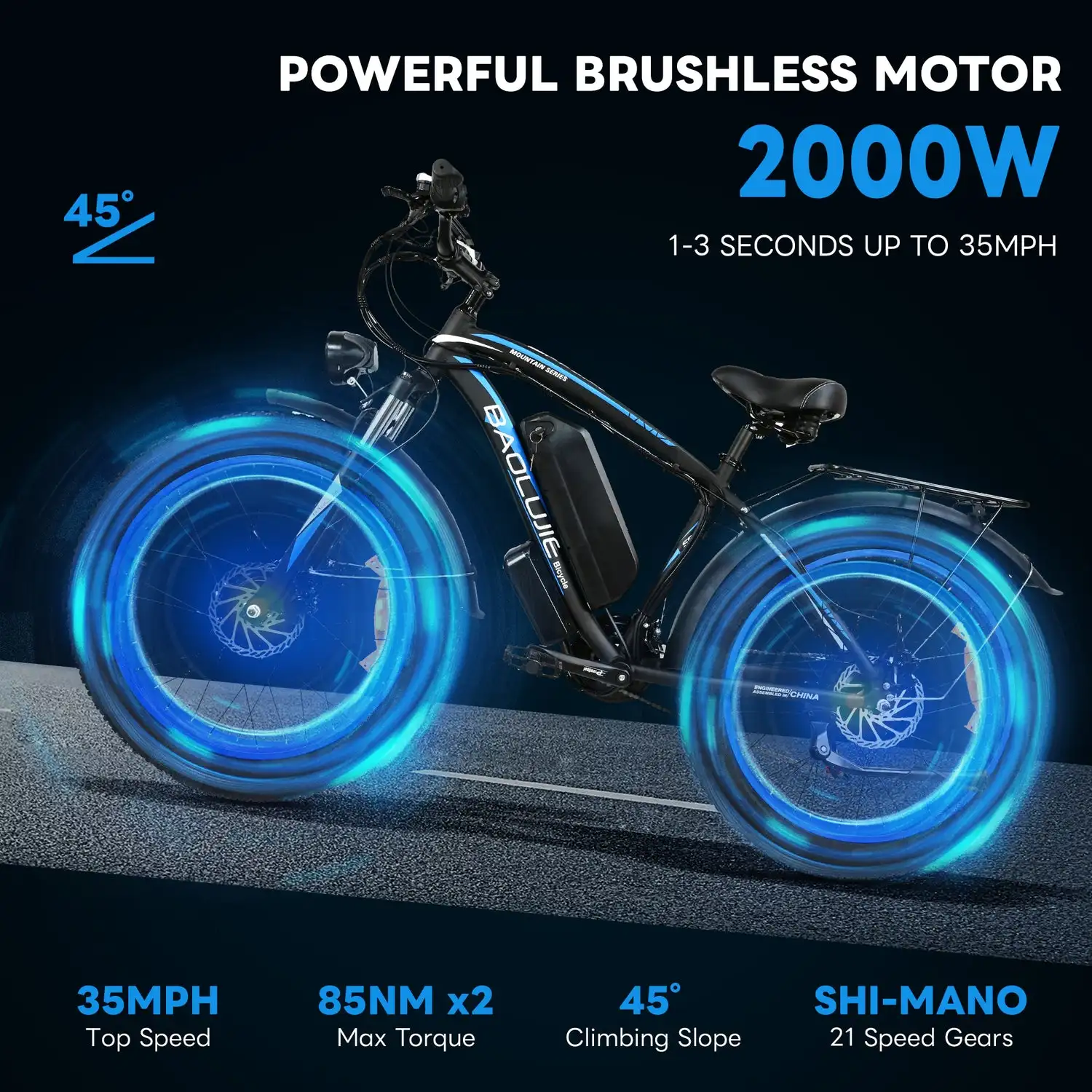 BAOLUJIE PLJ-2602 26\" Fat Tire Electric Mountain Bike 2000W Dual Motors 48V 20Ah Central Lithium Battery 60km Range