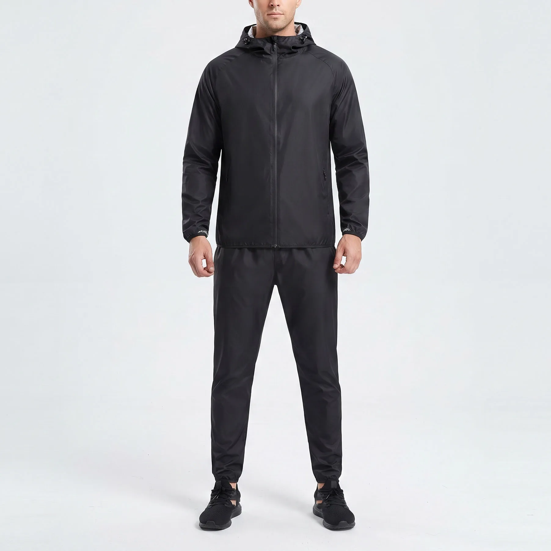 Unisex Adults Polyester/Nylon Plus Size Windproof Eco-Friendly Four-Way Stretch Sauna Suit Exercise Workout Hooded Jacket Pant