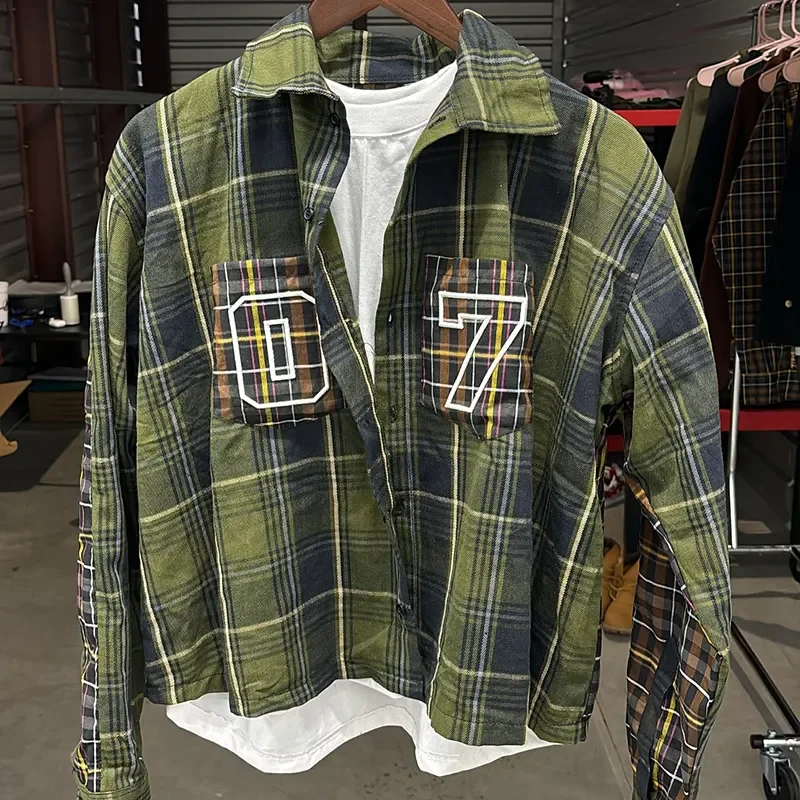 Salati Men's Designer Cropped T-Shirt High Quality Cotton Long Full Sleeve Patchwork Button Applique Embroidery Check Plaid 6XL gallery 8