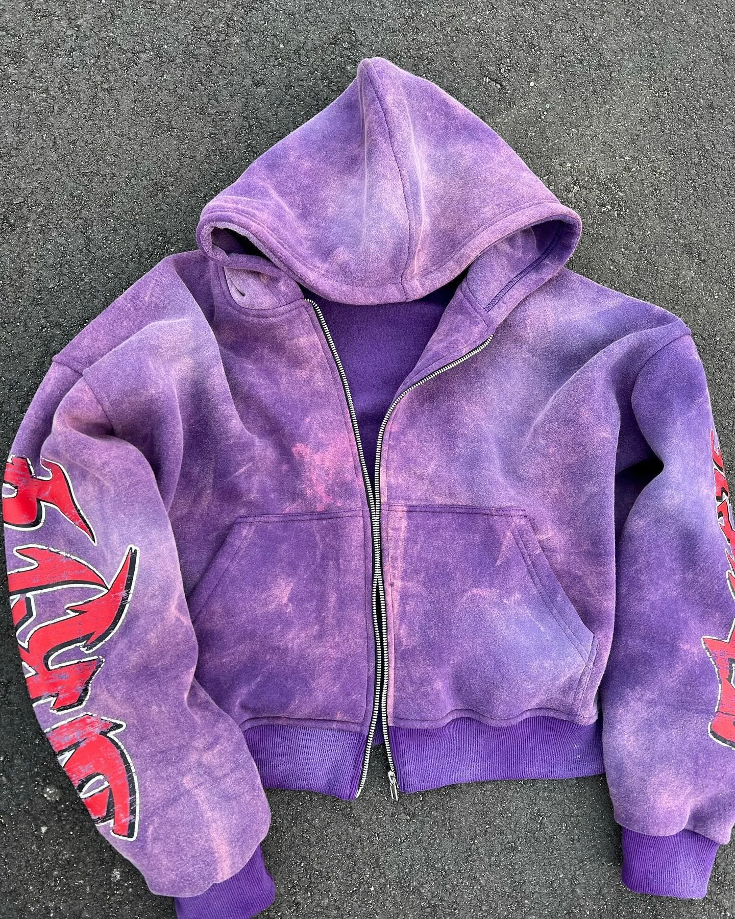 Custom Zip Jacket Cotton French Terry Print Heavy Weight Oversized Stone Sun Faded Distressed Vintage Acid Wash Hoodies for Men