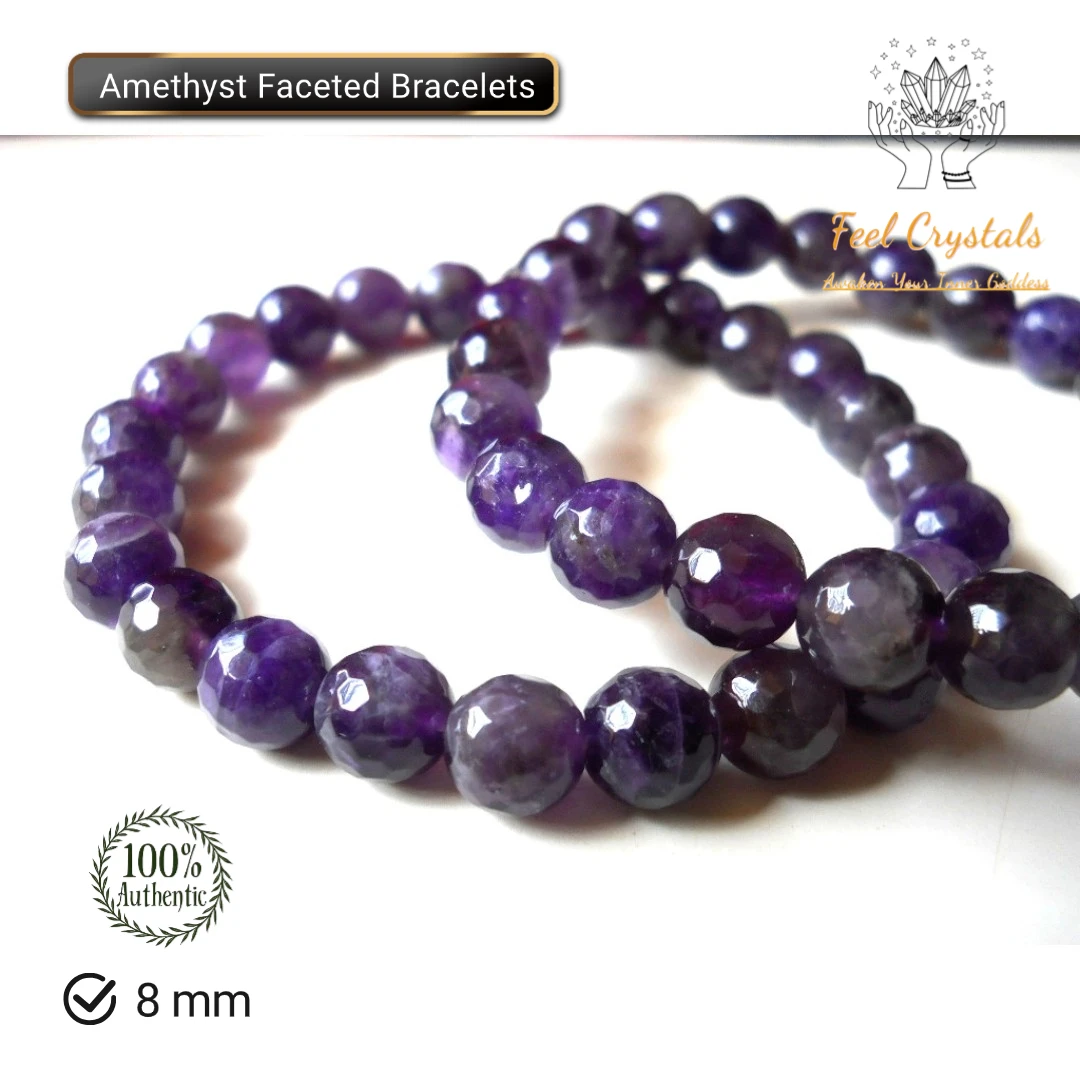 Stylish Unisex Bracelet with 8 mm Amethyst Faceted Beads Natural Crystal Gemstones Stretchable Trendy Men Women Boys Gift Idea