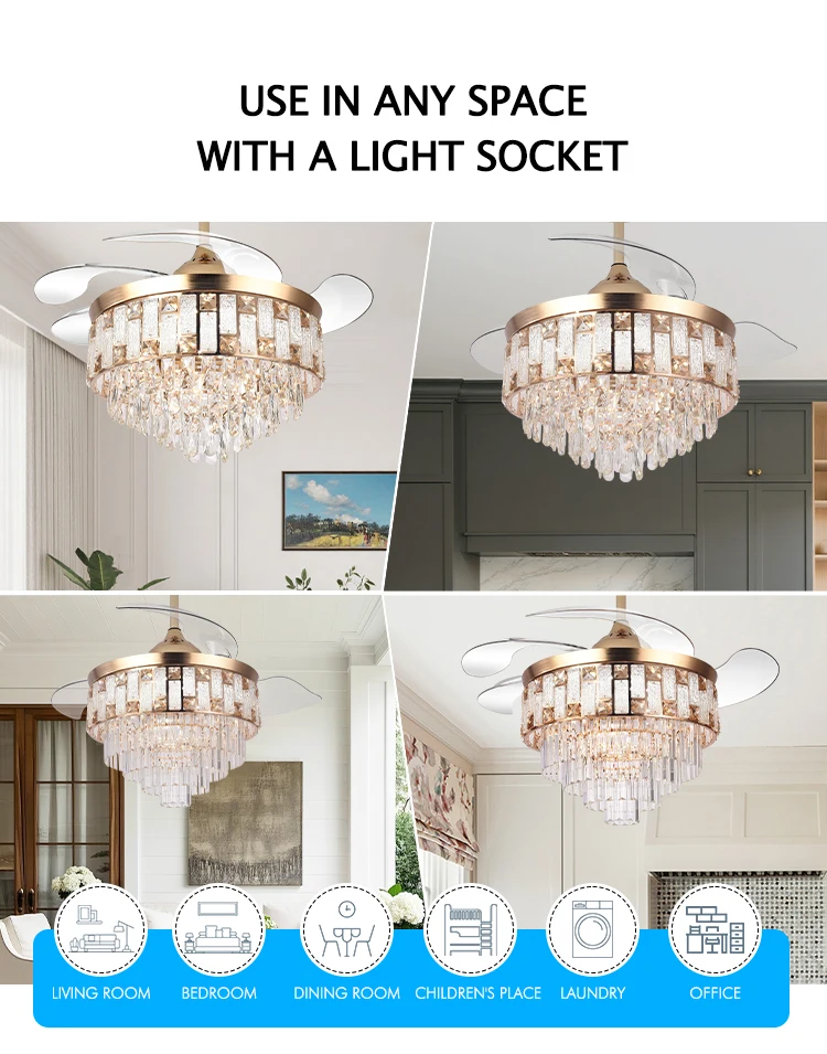 Y262 Luxury 42 Inch Ceiling Fan Light Gold Crystal Retractable Fan Light and Remote Control Invisible European LED Fan Light