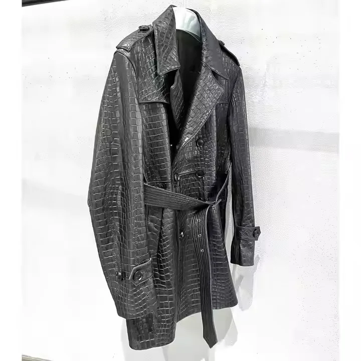 Hot Sale Wholesale High Quality Genuine Sheep Skin Waterproof Vintage Winter Trench Leather Jacket Coat For Men Black Front - Image 4