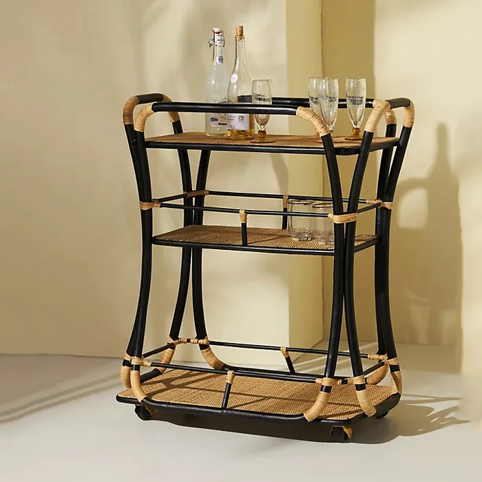 Bohemian Style Rattan Bar Cart Outdoor Dining Cart Wholesale Vintage