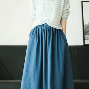 Customized Linen Cotton Maxi A-Line Skirts Summer Comfy Pleated Elastic Waist Flared Elegant Plus Size Natural Available Button