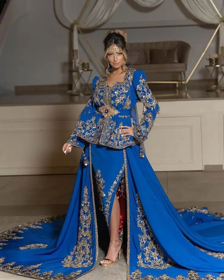 Elegant Designer hand zardozi Embroidery on Royal-Blue Jacket- Karakou Dress with Trail & Belt On Velvet Fabric for wedding=2025