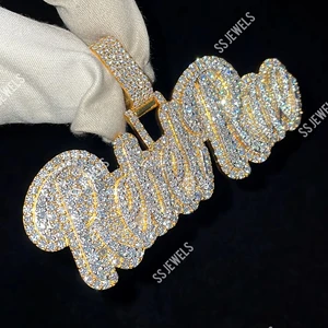 925 Sterling Silver Rhodium Plated Moissanite Iced Letter Necklace Custom Initial Logo Hip Hop Style Pendant Men's Unisex