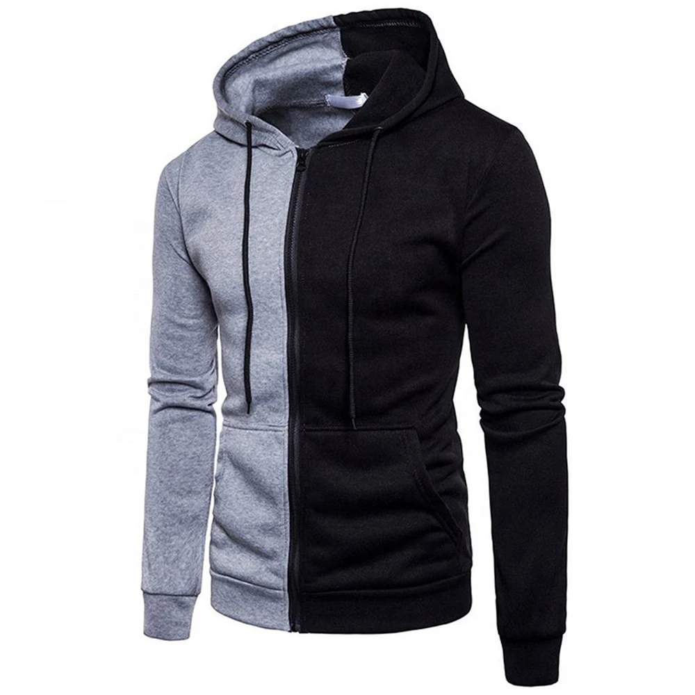 Mens Custom Brand Simple Stylish Warm Long Sleeve Kangaroo Pockets Two Tone Zipper Hoodie