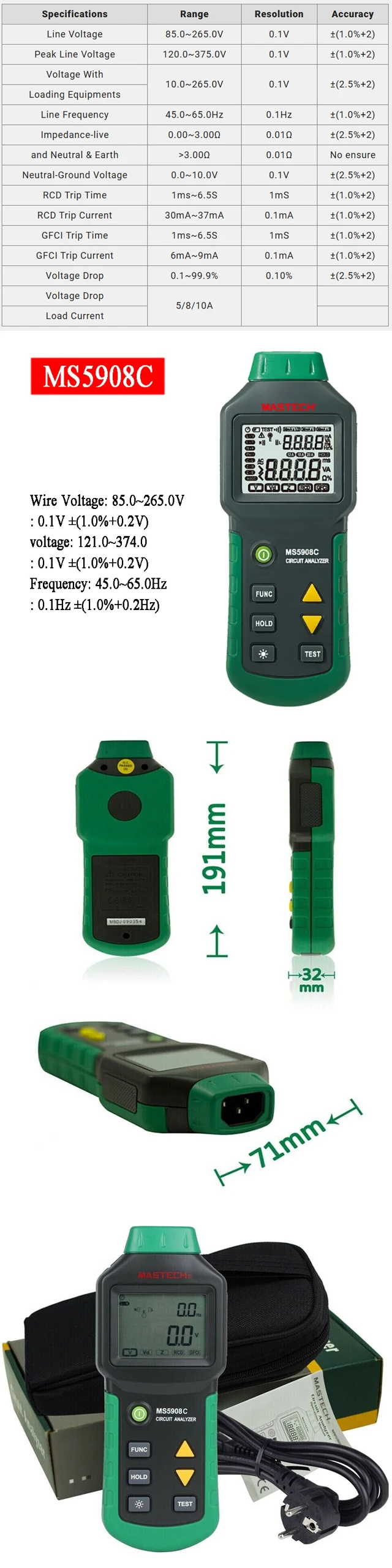 Mastech Ms5908c Lcd Circuit Analyzer Tester With Voltage Gfci Rcd ...