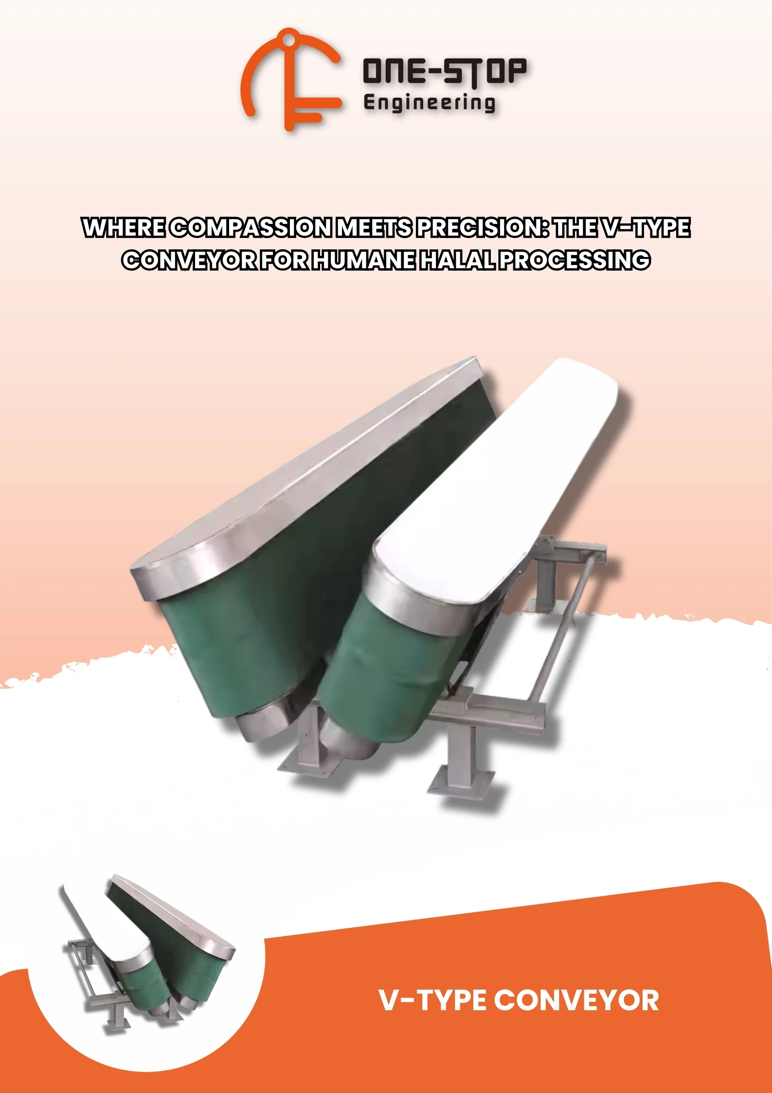 Industrial V-shaped restraint conveyor for halal sheep and goat slaughterhouses