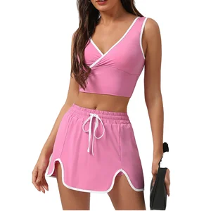 Sports Cross V-Neck Beautiful Back Vest Color Blocking Fitness Yoga Bra Top With Chest Pad and Tennis Skirt  2pcs