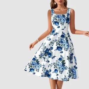 Brand-new Casual Regular Fit Floral Printed Chiffon Midi V-neck Dress for Summer 2026 Fashionable and Elegant for Office Use