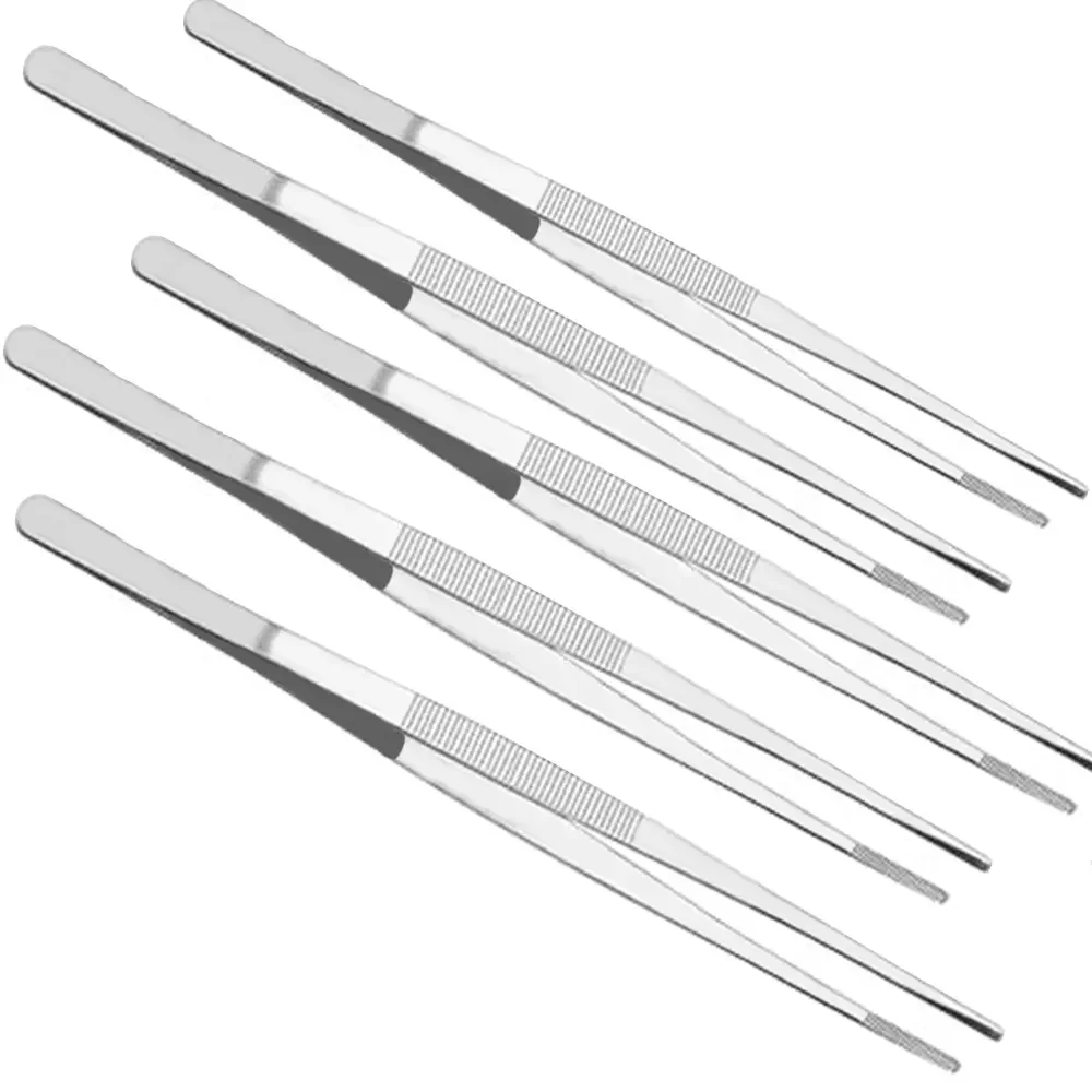 5 Pcs 7-Inch Stainless Steel Straight Tweezers With Serrated Blunt Tip | For Gardening, Aquarium, Electronics, Crafts