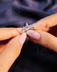 Yellow Gold Christian Moissanite Diamond Chevron Band Prong Setting IGI Certified Marquise Cut Wedding Engagement Gift