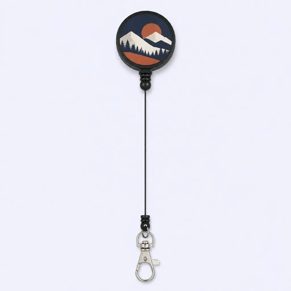 Vertical product shot — mountain pine tree landscape badge reel, cord and swivel hook extended