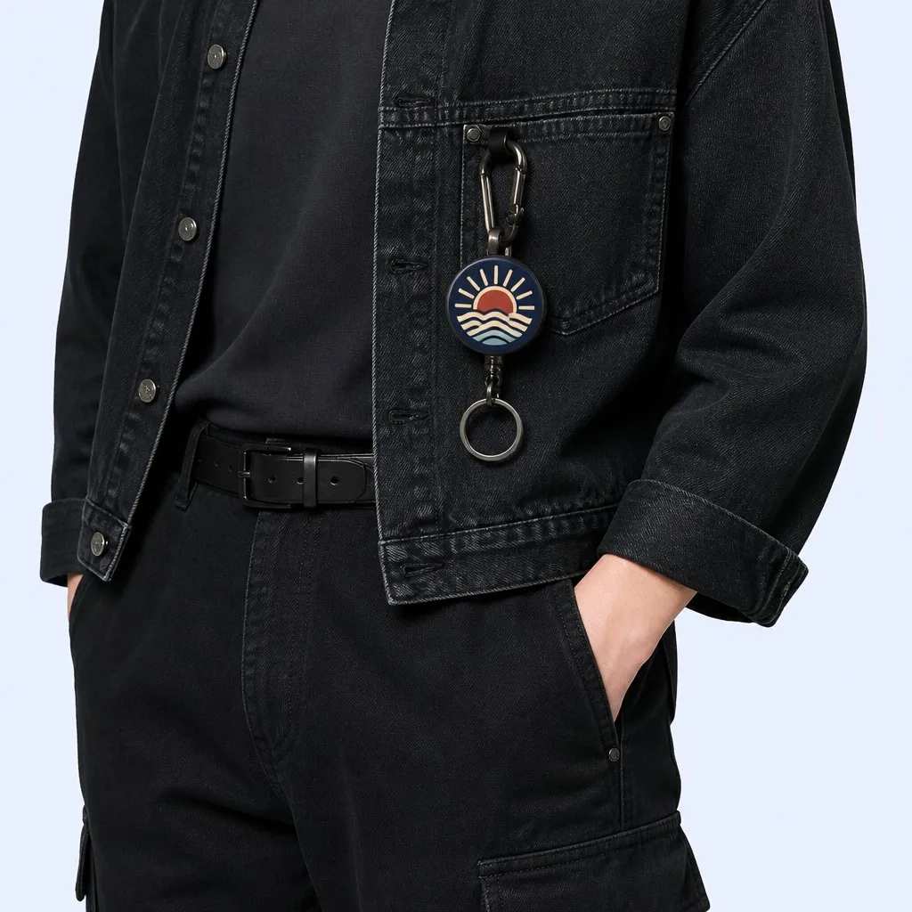 On-body wear — sunset wave badge reel clipped to black denim jacket front pocket