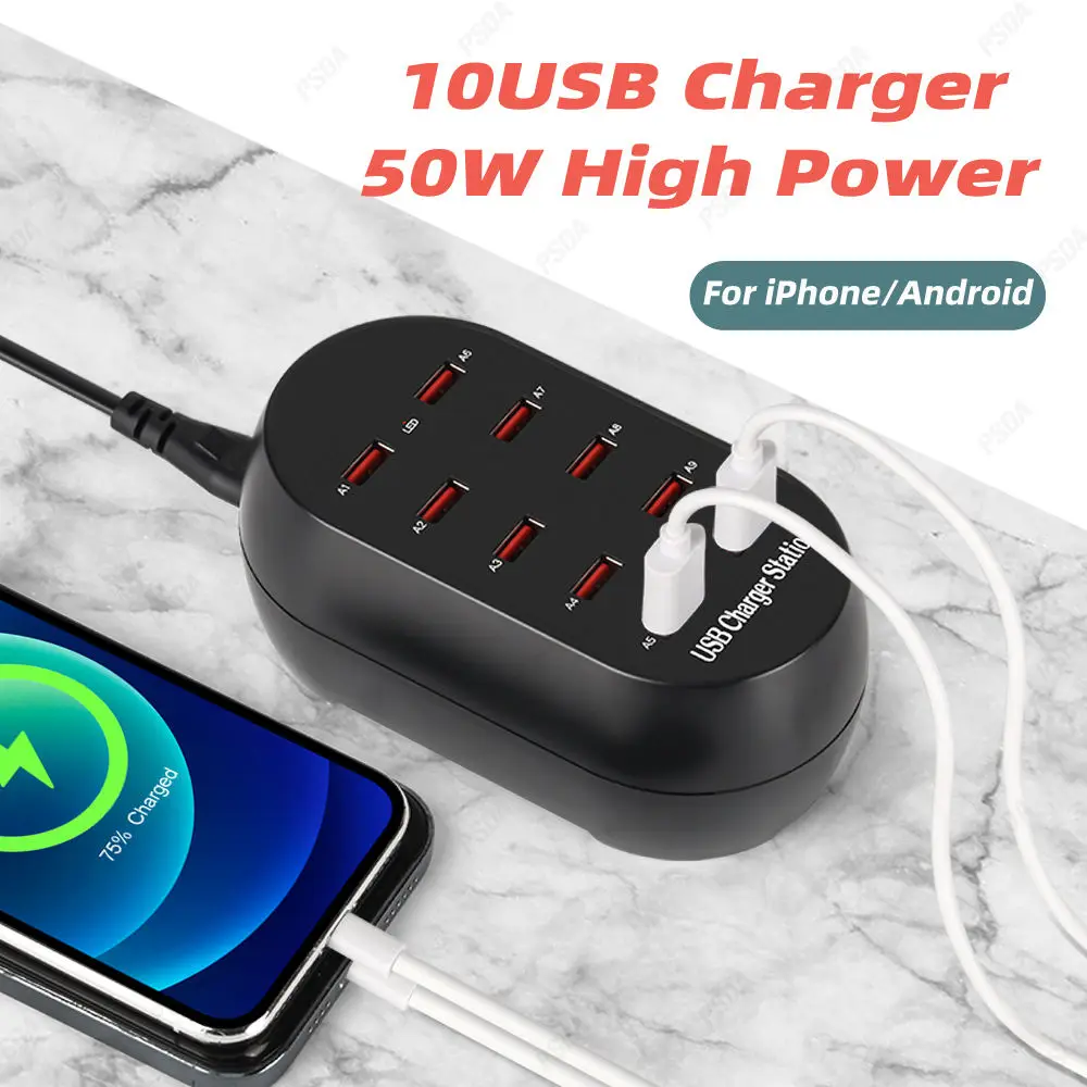 EONLINE 3D 50W/10A 10-Ports USB Charging Station Multi Port USB Hub Charger with for Cellphone & Tablet Multiple Devices - Image 3
