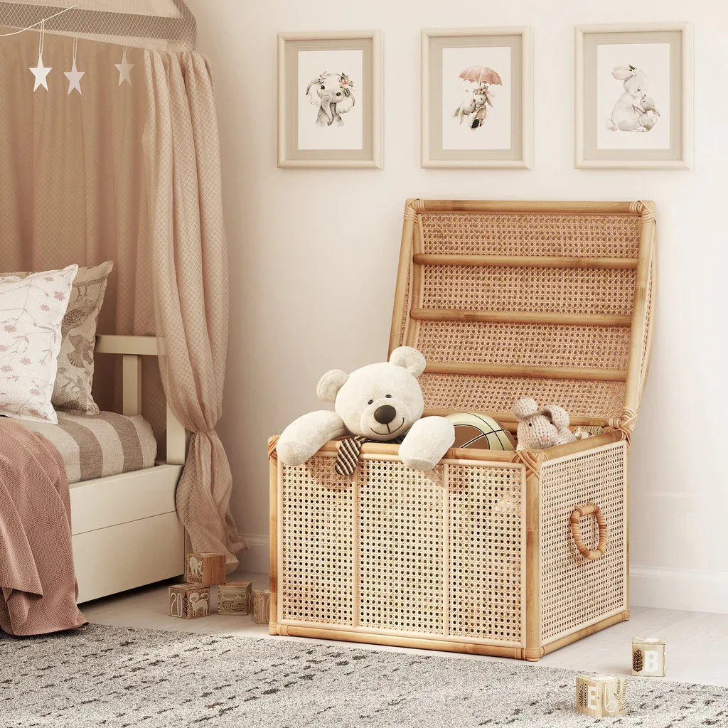 Boho Style Unique Rattan Storage Trunk, Toy Box, Woven Picnic Basket Home Clothes
