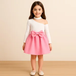 Wholesale 2026 Fashion Kids Girl Dress Pink Bow Skirt & White Ribbed Long Sleeve Top Outfit Girls One Shoulder Dress Set