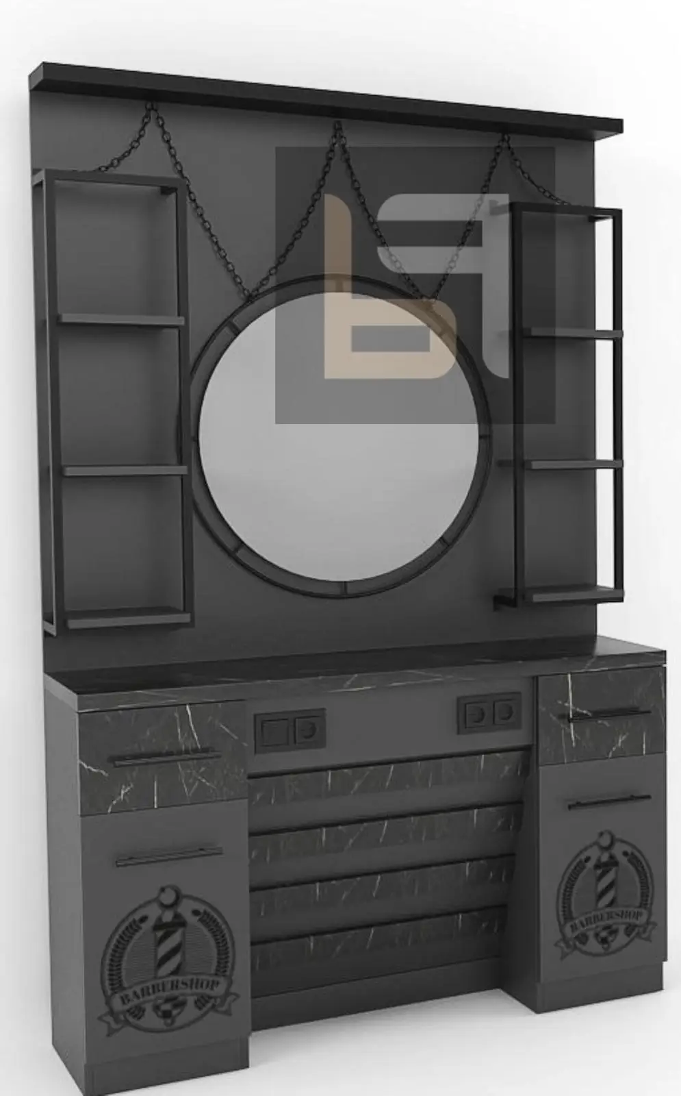 Modern Commercial Salon Barber Station Wooden Storage Mirror Glass Black/Grey Finish Hair Wash Sink Dining Outdoor Hotel Gym