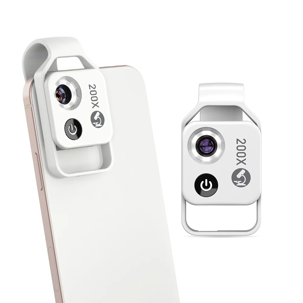 White Portable 200X Clip-On Microscope Lens for Smartphone - HD Pocket Magnifier with CPL Filter and LED Light(excluding mobile phones)