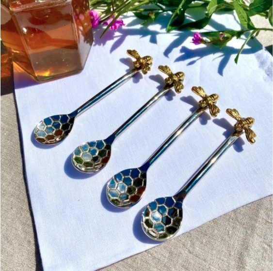 New Arrival Customised Four-Delight Gold Bee Hive Spoons Inspired by Honeycomb Design Tea Coffee Kitchen Accessories Made Metal