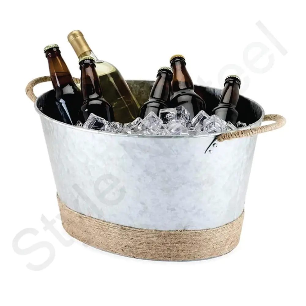 Galvanized Party Wine Chiller With Rope Metal Beverage Ice Tubs For