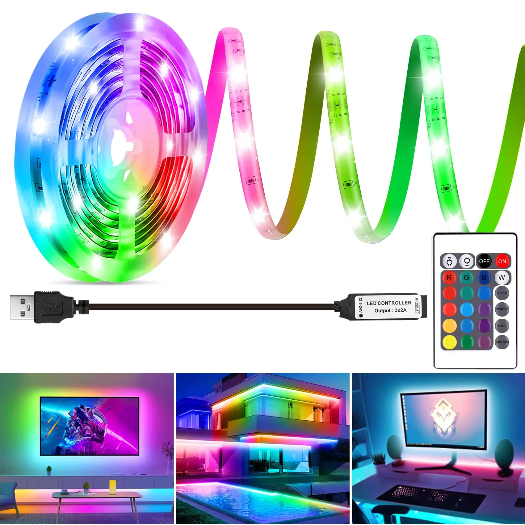 2M/3M/5M IP65 Waterproof 5050 RGB Smart Rgbic Led Strip Backlight Running Snake 5V Led Strip Light with Remote Control factory