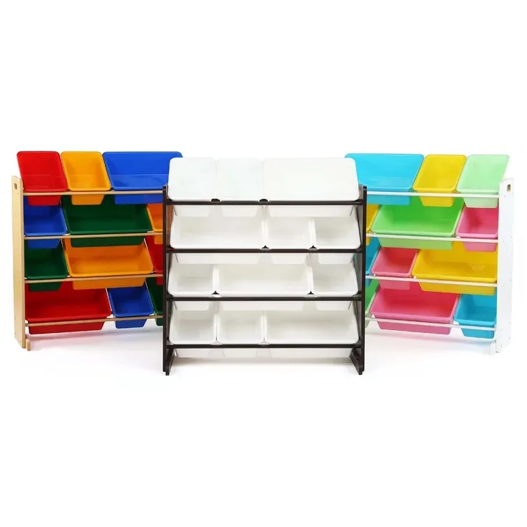 4-Tier Kids Bookshelf And Toy Storage Rack With 8 Toy Organizer Bins Grey 44.5 X 12 X 39