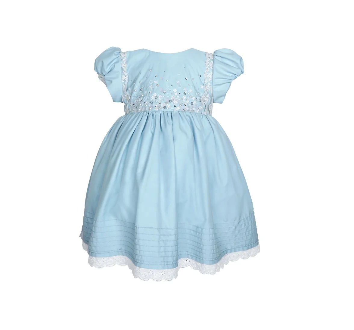 Baby Girl Special Occasion Cotton Dress Blue Short Sleeves Hand Beading