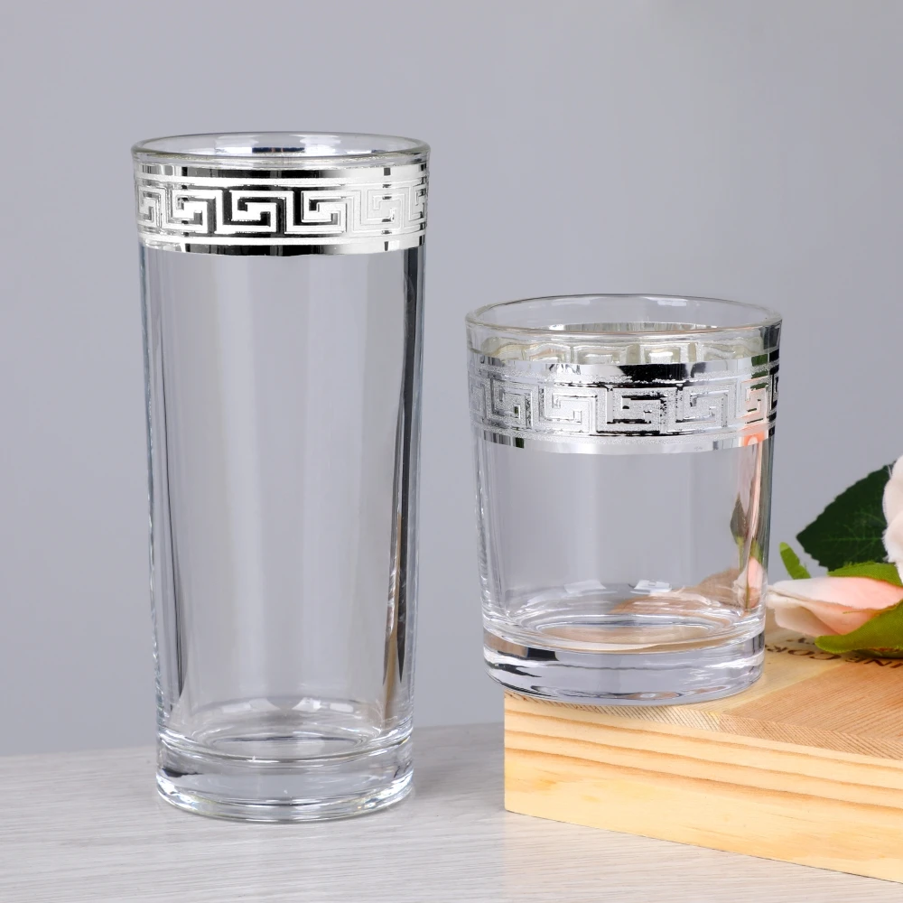 Luxury Silver Band Rim Greek Key Design Champagne Flute Brandy Highball Whiskey Wine Glass Drinkware Set Home Bar Barware