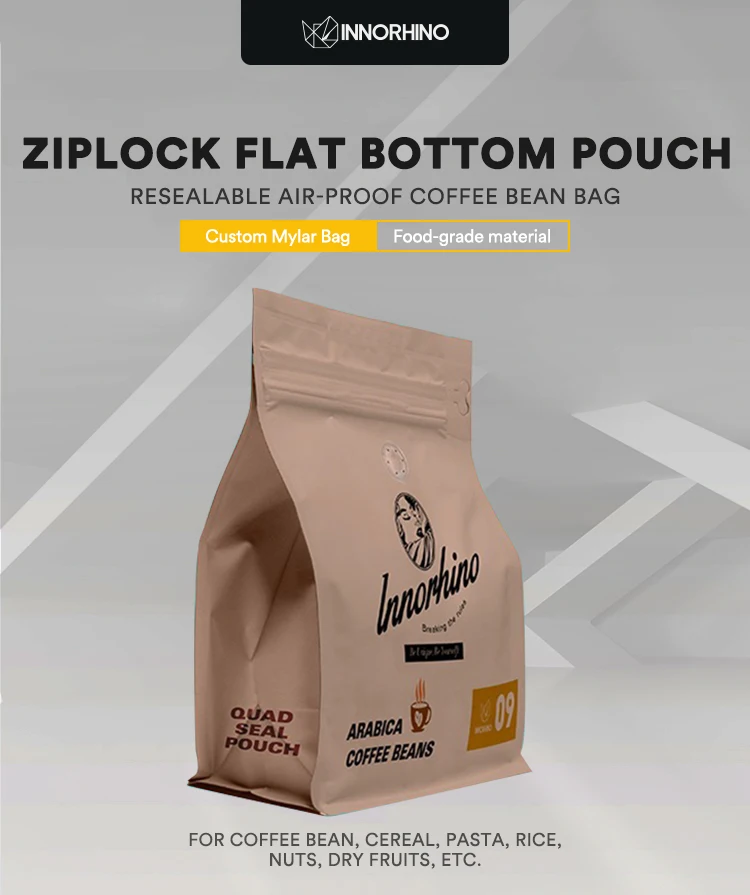 Custom Print Flat Bottom One Way Valve Coffee Beans Resealable Zip Lock