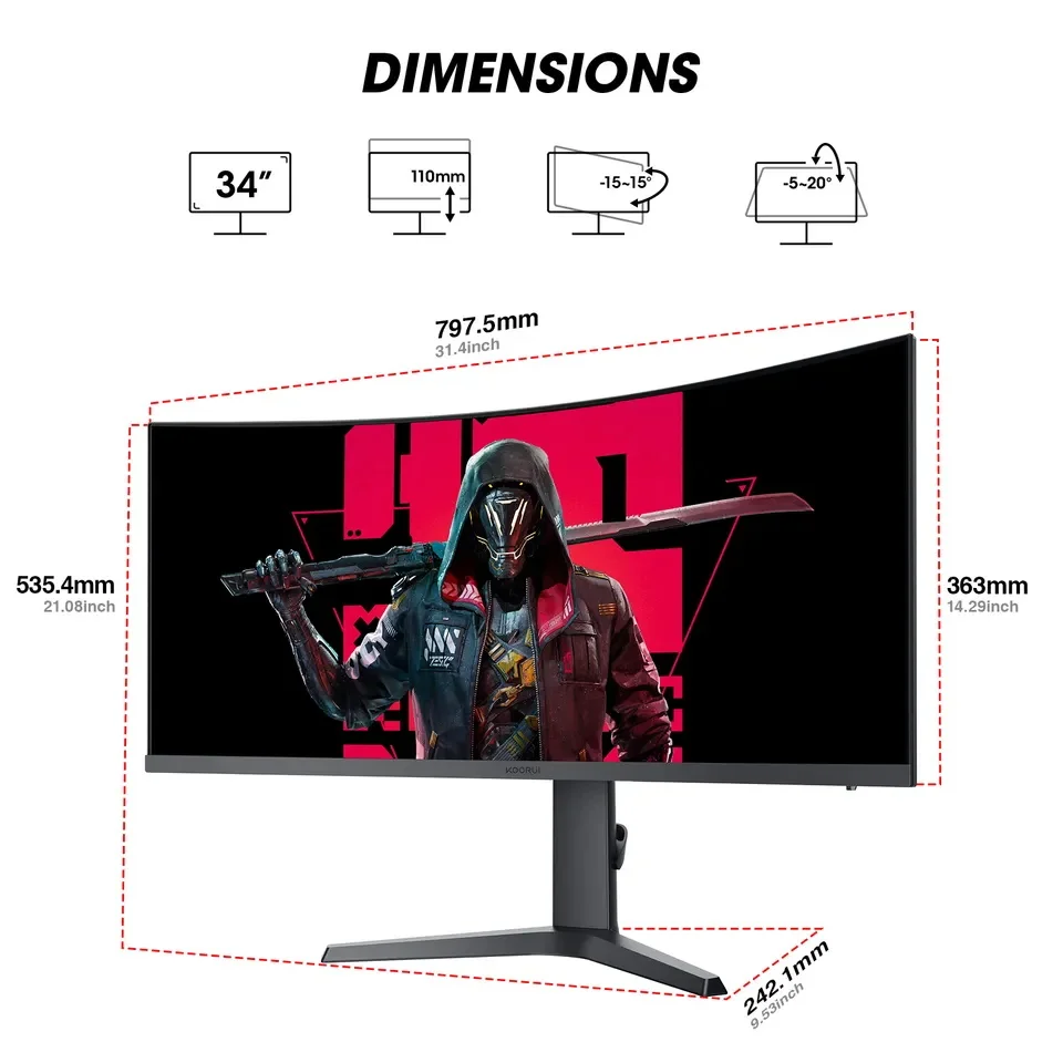 KOORUI 34 Inch Curved Screen LED Monitor - 4K 165hz Gaming