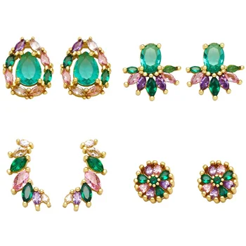 Wholesale CZ Jewellery Color CZ Zircon Ear Stud Women's Party Flower Pink Earrings High Quality Jewelry Emerald Earring