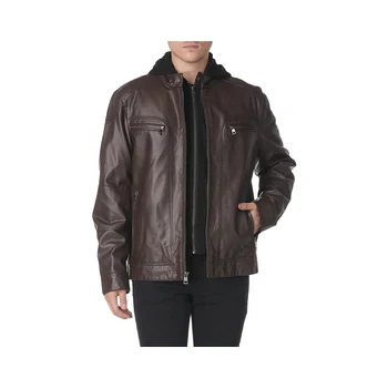 Premium Quality Unique Design Men's Faux Lamb Leather Brown Moto Jacket with Removable Hood and Bib