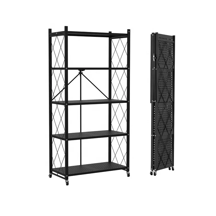 Heavy Duty Metal Organizer Removable Collapsible Storage Shelf Foldable Steel Display Stand Rack with Lockable Wheels