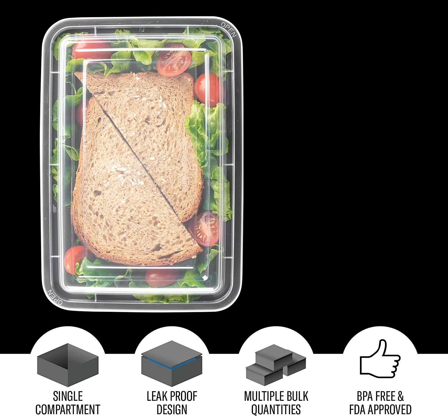 Container 1 Compartment Rectangular Food Box Stackable 38OZ Reusable ...