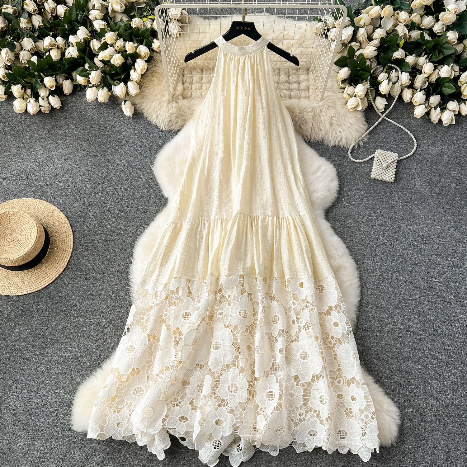 Vacation Halter Dress - Casual Midi with Empire Embroidery