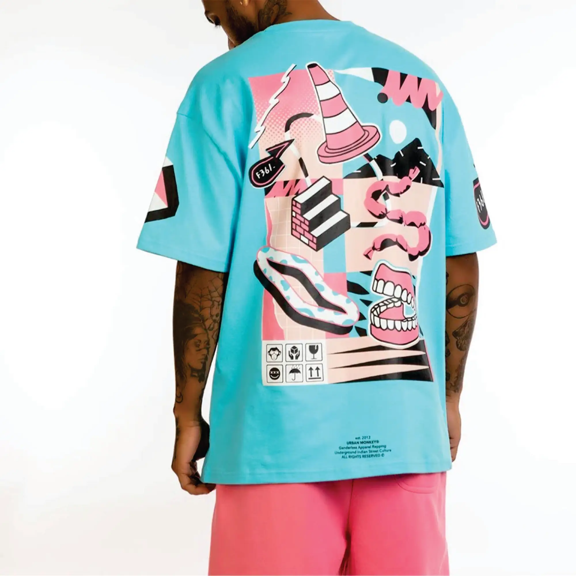 Camisa Hip Hop para hombre de cuello alto azul cielo y blanco