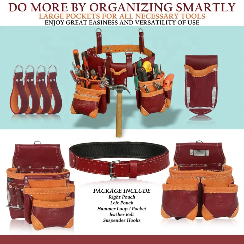 Rolson 68865 Full Grain Leather Tool Pouch With Belt, Tape, Hammer Holder, Brown, 16