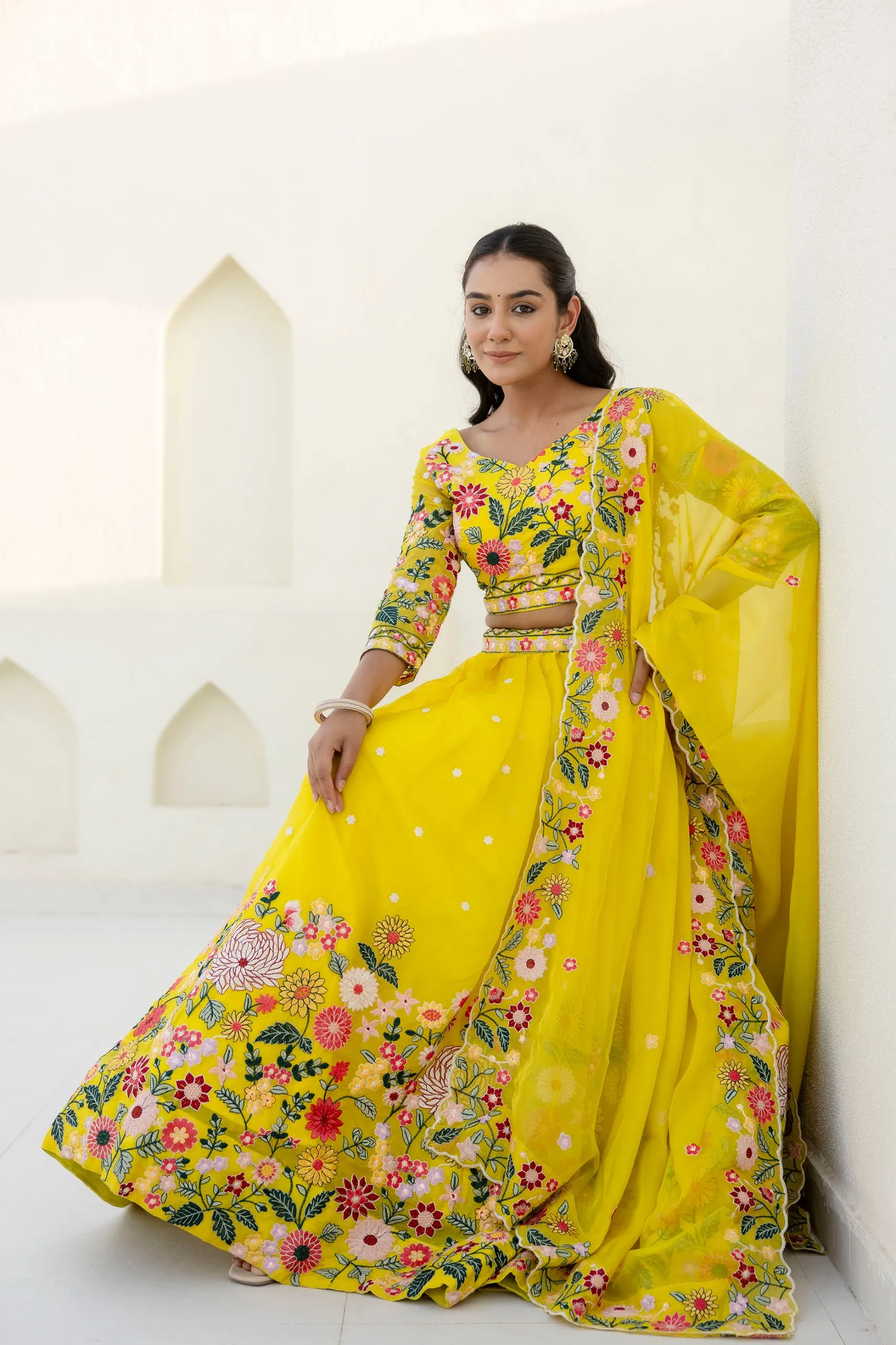 Designer Yellow Organza Lehenga Choli Heavy Floral Embroidery