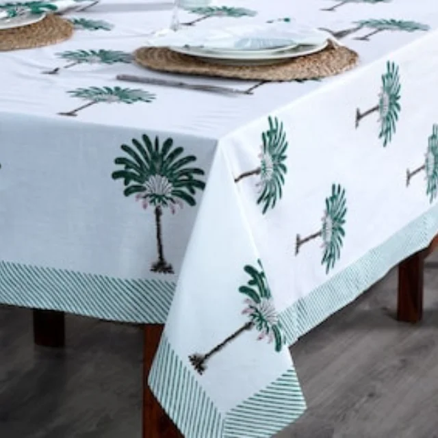 Pine Green and Peanut Brown Tree Print With Green Striped Border Table Cover Indian Hand Block Printed Table Cover