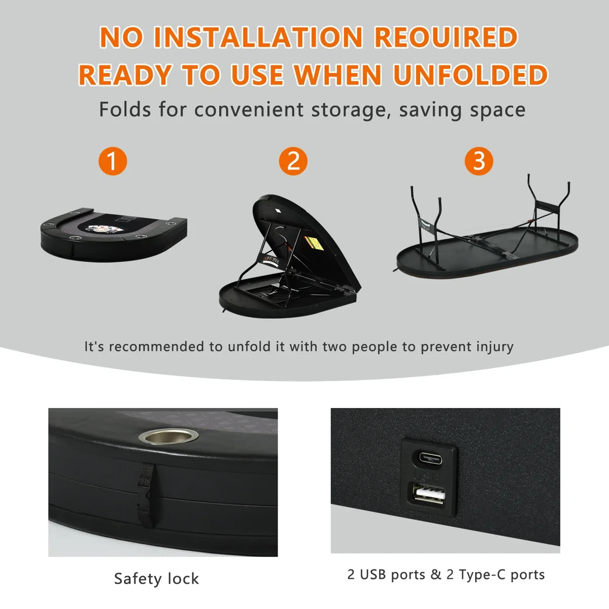 84インチ 10人用 折りたたみ式 LEDポーカーテーブル、USBポート2つ