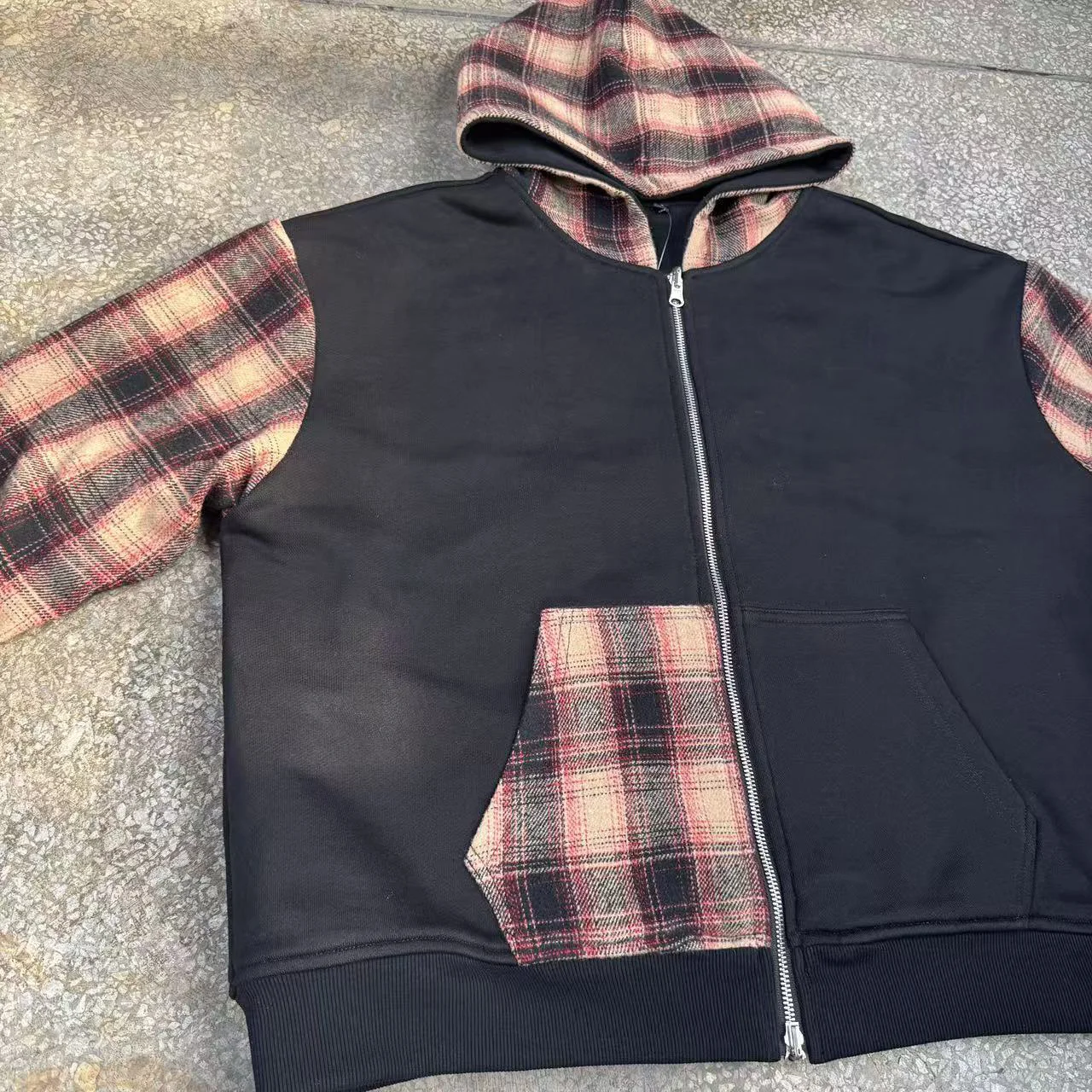 Clothing Manufacturers Custom French Terry 100% Cotton Plaid Patchwork Color Block Zip up Hoodie Jacket for Men gallery 3