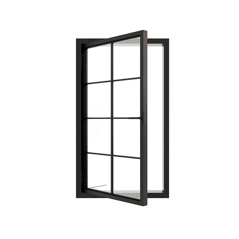 6-Lite Crittall aluminum casement window shown open at 90 degrees, right-hand outward casement
